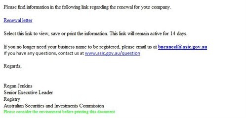 Scam Emails targeting ASIC Customers